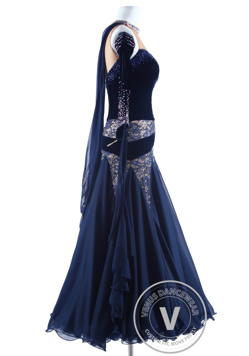 Navy Blue Velvet and Lace Waltz Quickstep Competition Dress