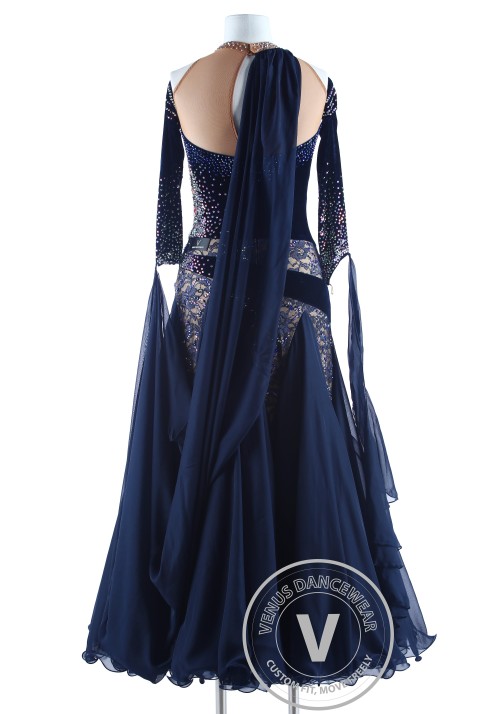 Navy Blue Velvet and Lace Waltz Quickstep Competition Dress