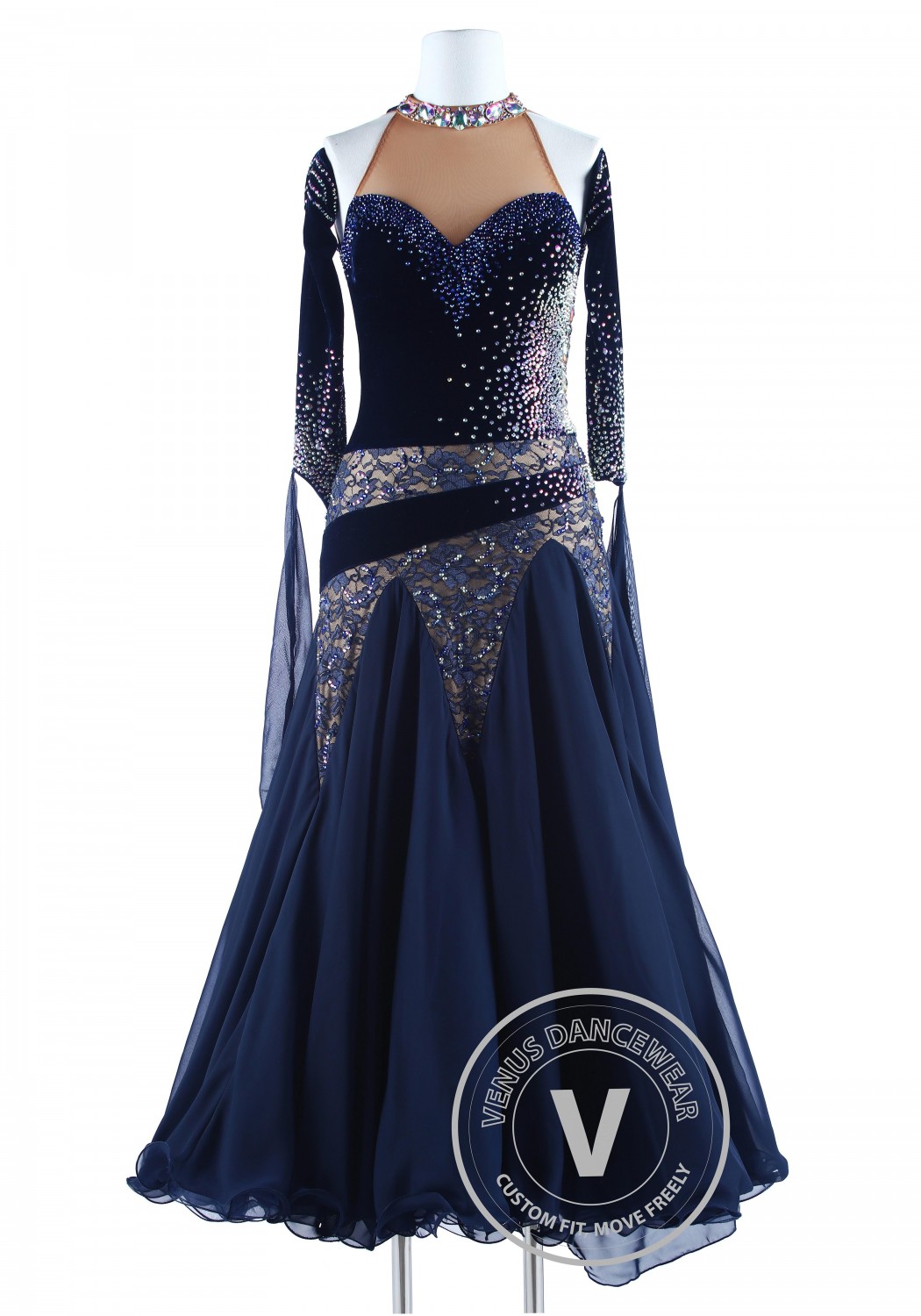 Navy Blue Velvet and Lace Waltz Quickstep Competition Dress
