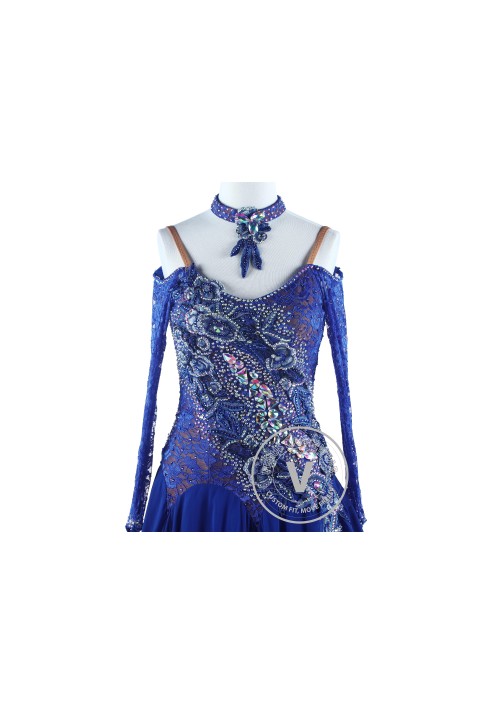 Ripple on Lace Blue Luxury Foxtrot Waltz Quickstep Competition Dress