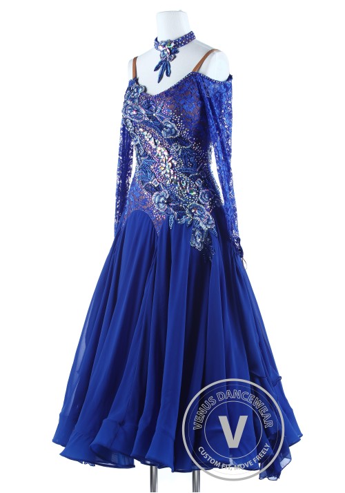 Ripple on Lace Blue Luxury Foxtrot Waltz Quickstep Competition Dress