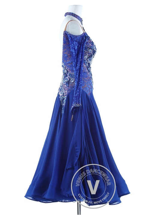 Ripple on Lace Blue Luxury Foxtrot Waltz Quickstep Competition Dress