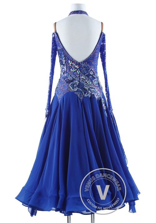 Ripple on Lace Blue Luxury Foxtrot Waltz Quickstep Competition Dress