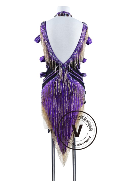 Purple With Gold Beading Cube Latin Rhythm Competition Dress