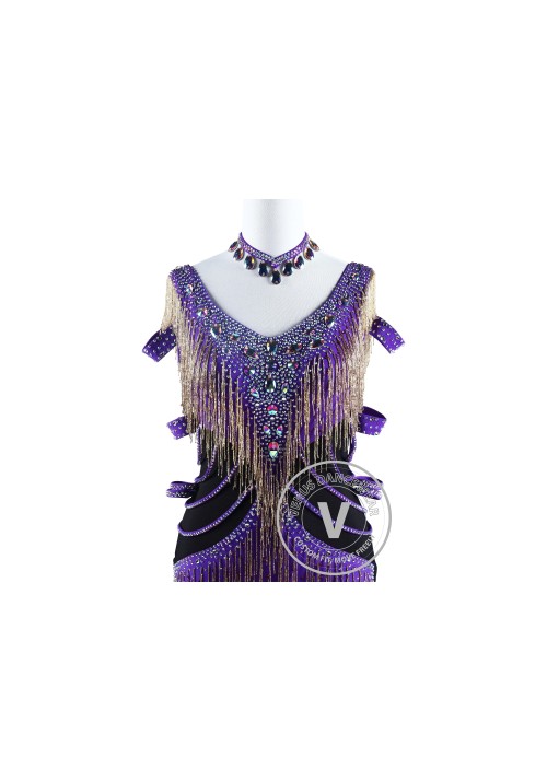 Purple With Gold Beading Cube Latin Rhythm Competition Dress