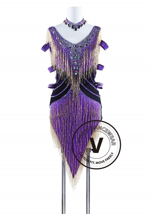 Purple With Gold Beading Cube Latin Rhythm Competition Dress