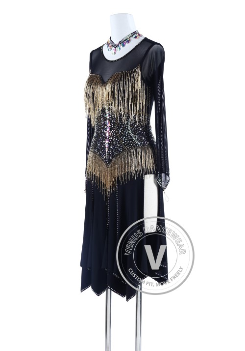 Black Slit with Gold Beading Tango Salsa Latin Rhythm Competition Dress