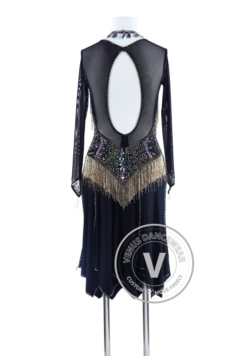 Black Slit with Gold Beading Tango Salsa Latin Rhythm Competition Dress