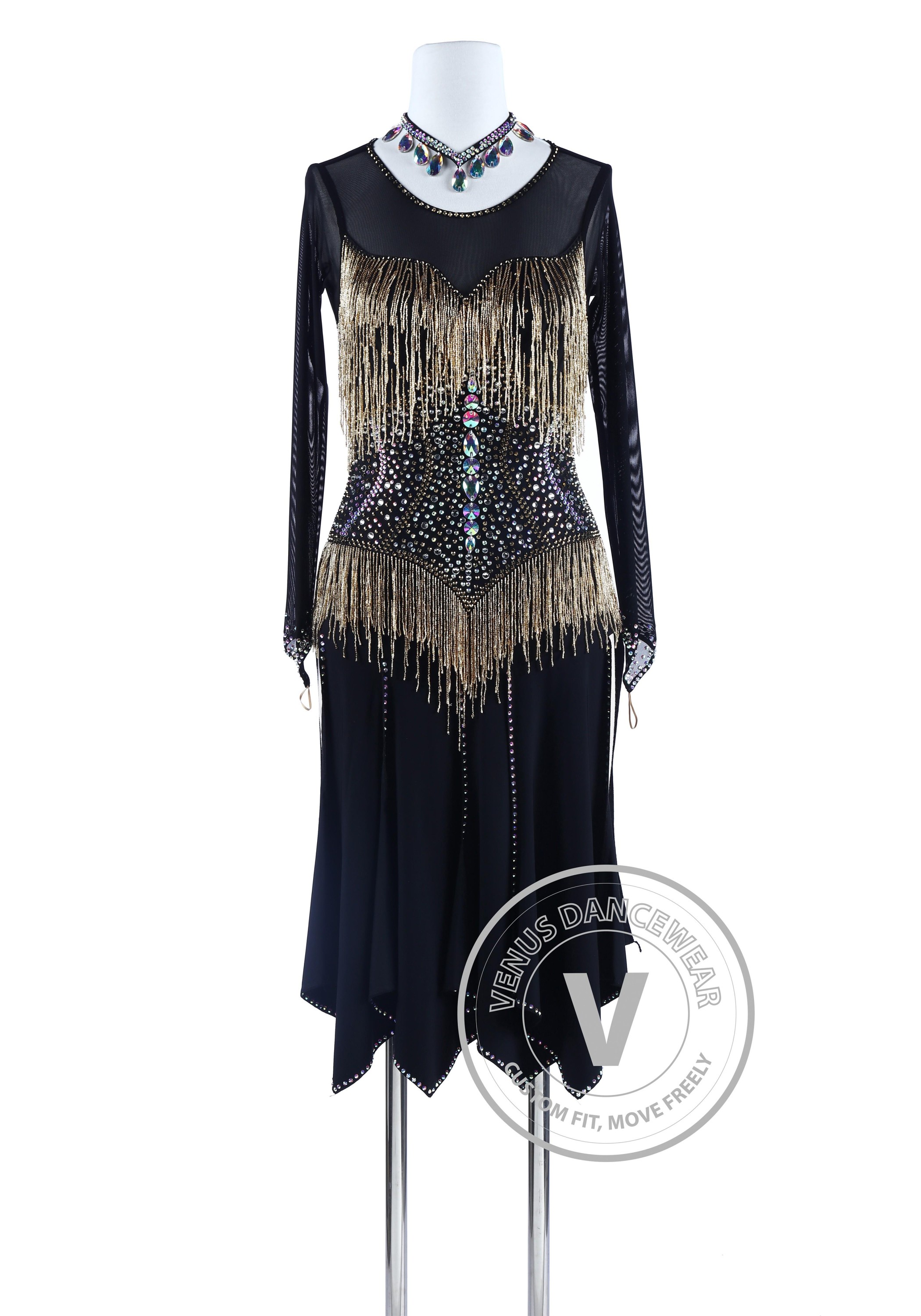 Black Slit with Gold Beading Tango Salsa Latin Rhythm Competition Dress