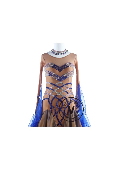 Caramel with Royal Blue Luxury Foxtrot Waltz Quickstep Competition Dress