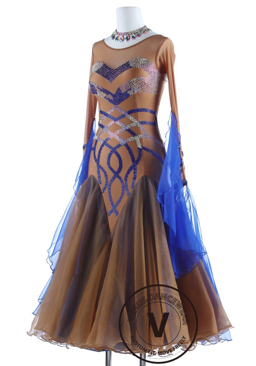 Caramel with Royal Blue Luxury Foxtrot Waltz Quickstep Competition Dress