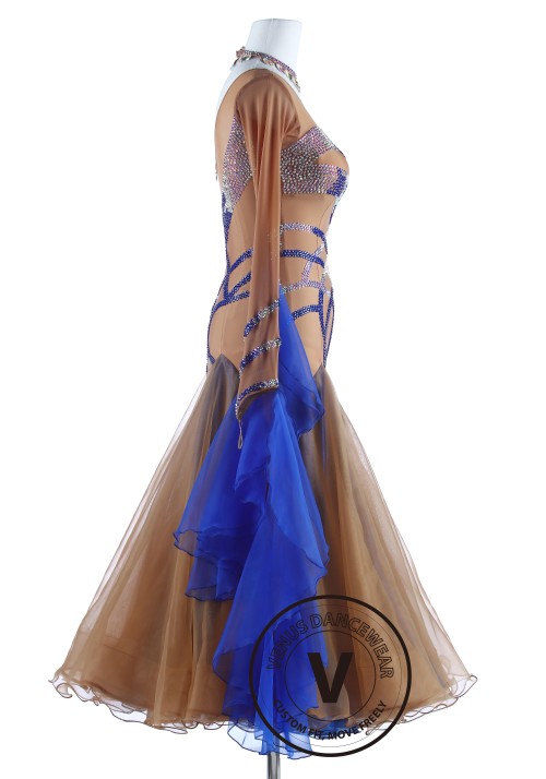 Caramel with Royal Blue Luxury Foxtrot Waltz Quickstep Competition Dress