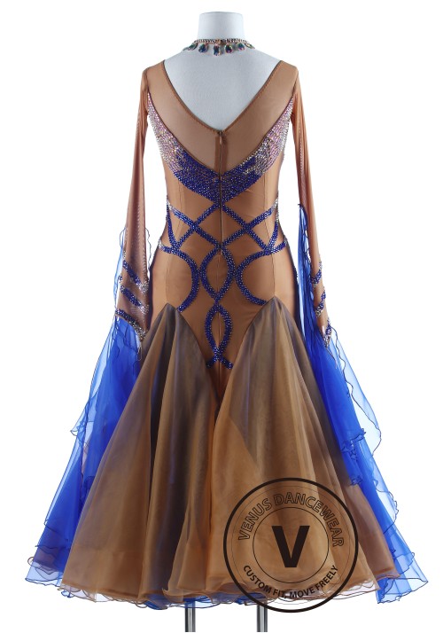 Caramel with Royal Blue Luxury Foxtrot Waltz Quickstep Competition Dress