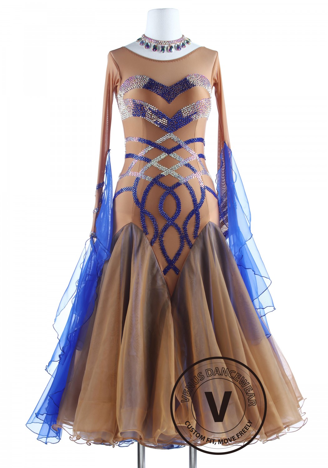 Caramel with Royal Blue Luxury Foxtrot Waltz Quickstep Competition Dress