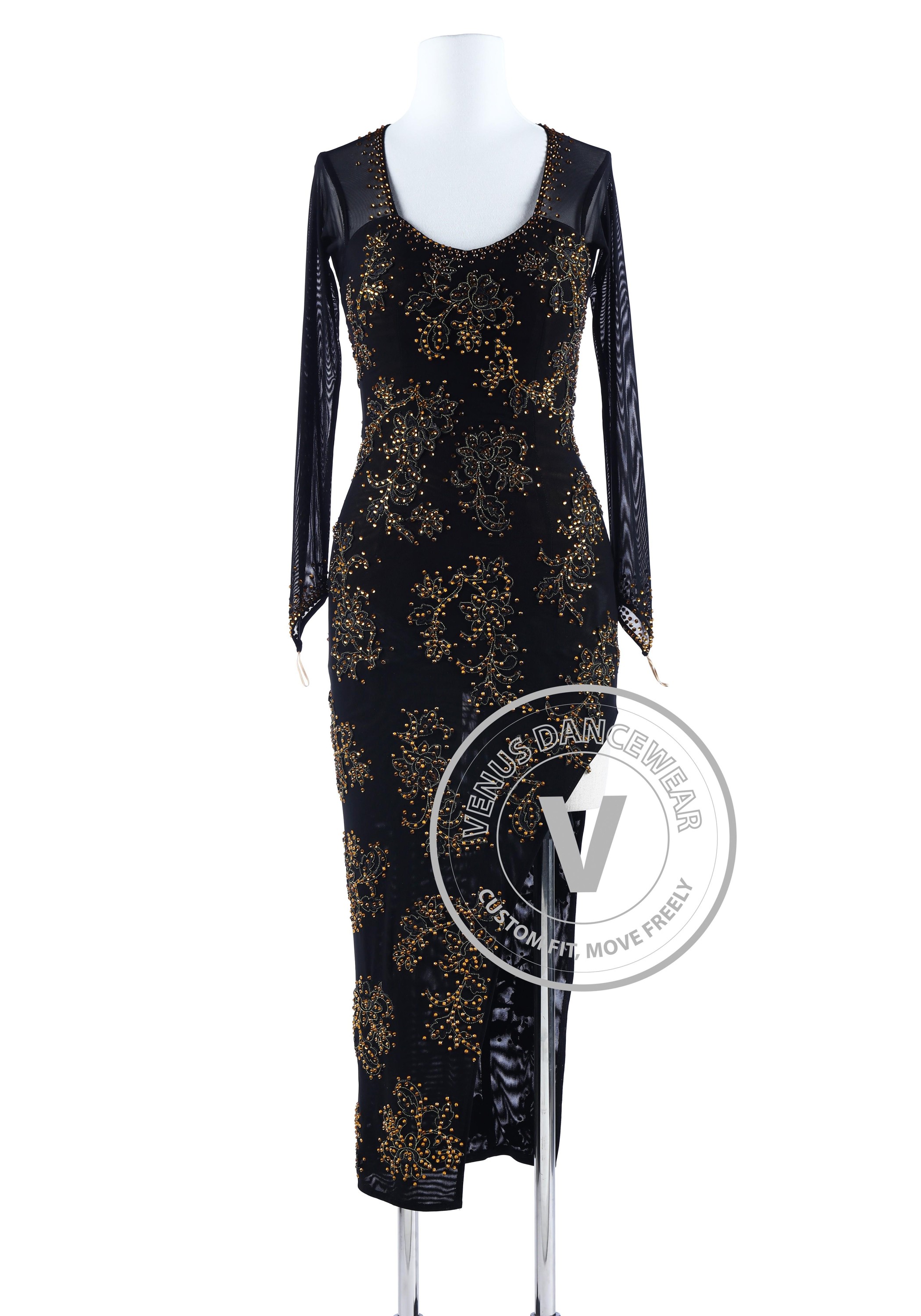 Golden Floral Cheongsam Style Tango Salsa Latin Rhythm Competition Dress