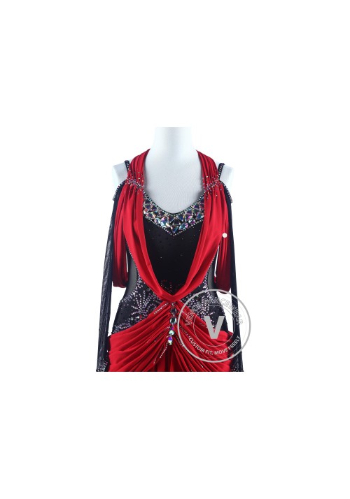 Black and Red Drape style Tango Salsa Latin Rhythm Competition Dress