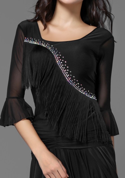 Flare Sleeve Crepe and Fringe Top