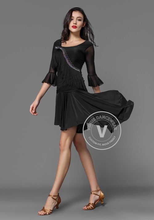 Latin Luxury Crepe Black Pleated Ruffle Dance Skirt