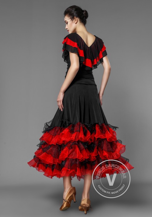 British Red Style Layered Flounced Ballroom Skirt