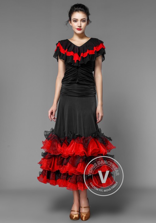 British Red Style Layered Flounced Ballroom Skirt