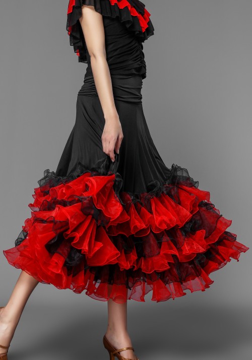 British Red Style Layered Flounced Ballroom Skirt