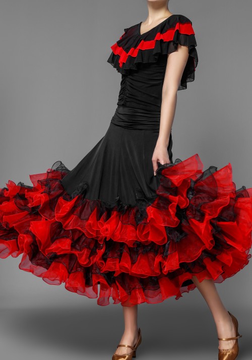 British Red Style Layered Flounced Ballroom Skirt