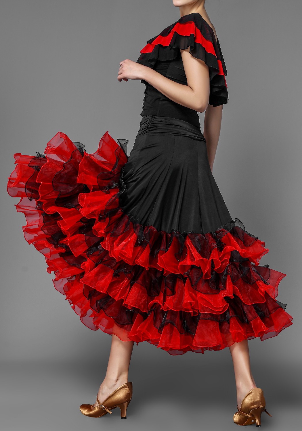 British Red Style Layered Flounced Ballroom Skirt