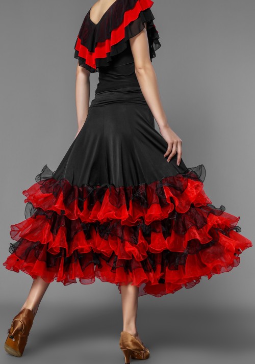 British Red Style Layered Flounced Ballroom Skirt