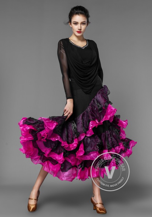 Pink Style Lycra Layered Flounced Ballroom Skirt