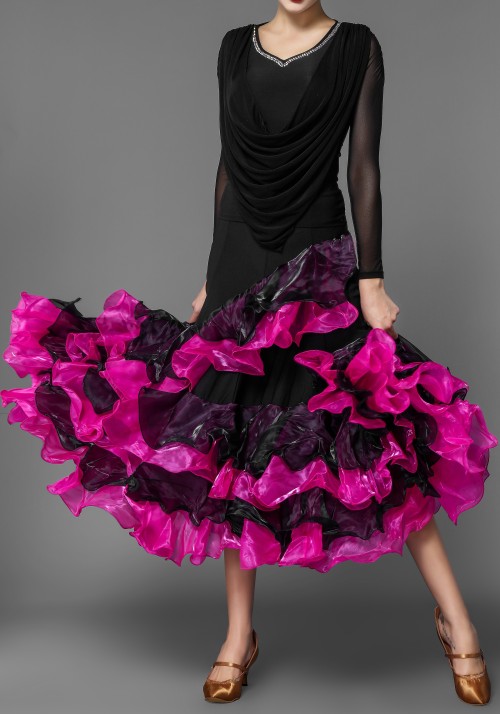 Pink Style Lycra Layered Flounced Ballroom Skirt