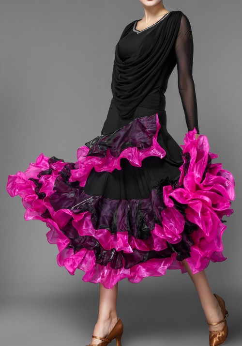 Pink Style Lycra Layered Flounced Ballroom Skirt