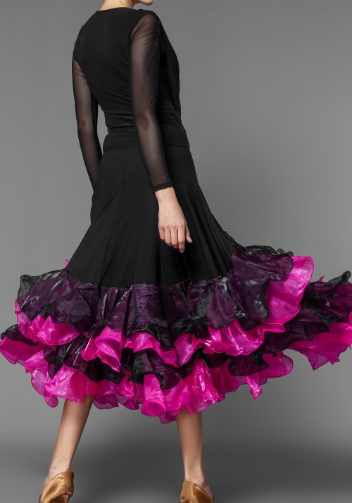 Pink Style Lycra Layered Flounced Ballroom Skirt