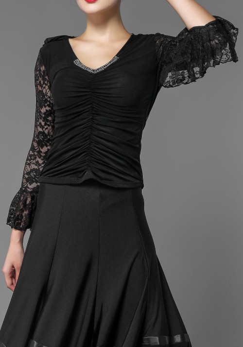 Black Lace and Crepe Flare Sleeve Top