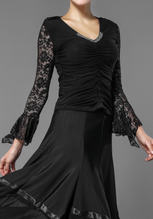 Black Lace and Crepe Flare Sleeve Top