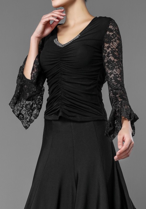 Black Lace and Crepe Flare Sleeve Top