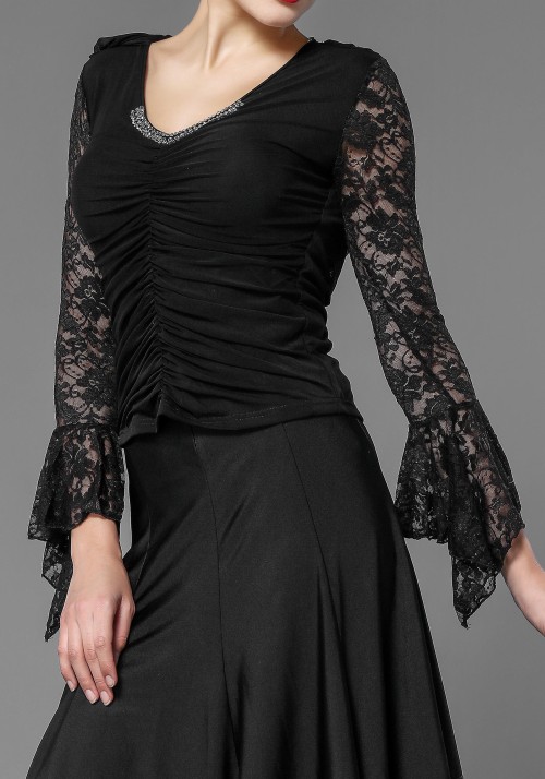 Black Lace and Crepe Flare Sleeve Top