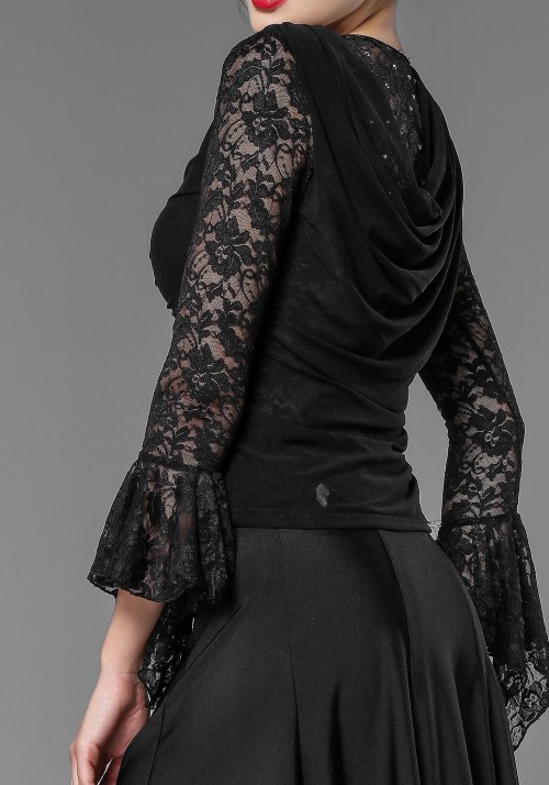 Black Lace and Crepe Flare Sleeve Top