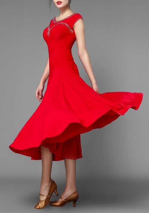 Red Crepe Stoned Ballroom Smooth Practice Dress