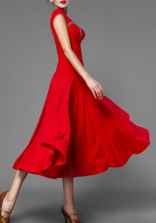 Red Crepe Stoned Ballroom Smooth Practice Dress