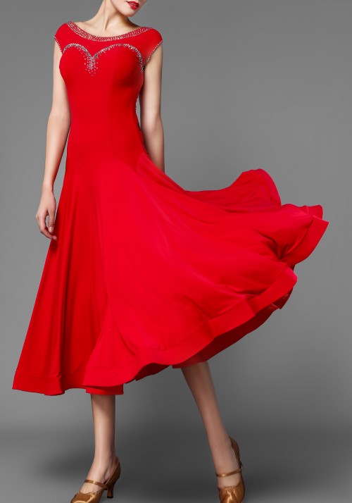 Red Crepe Stoned Ballroom Smooth Practice Dress