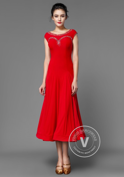 Red Crepe Stoned Ballroom Smooth Practice Dress