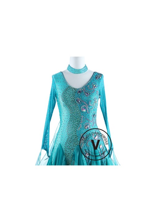 Turquoise Lace Standard Foxtrot Waltz Quickstep Competition Dress