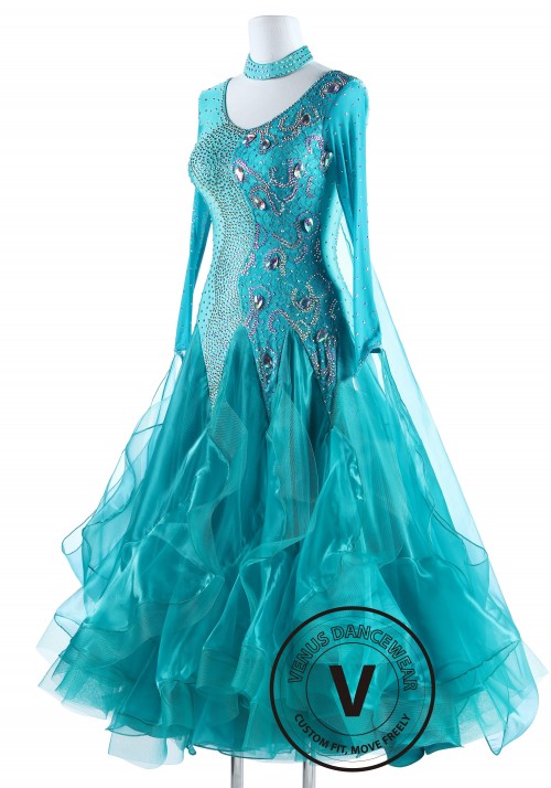 Turquoise Lace Standard Foxtrot Waltz Quickstep Competition Dress