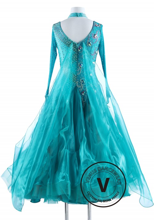 Turquoise Lace Standard Foxtrot Waltz Quickstep Competition Dress