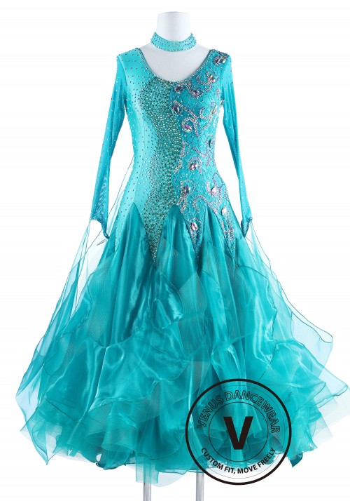 Turquoise Lace Standard Foxtrot Waltz Quickstep Competition Dress
