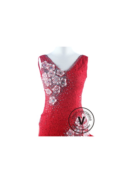 Red Lace Tango Salsa Latin Rhythm Competition Dress