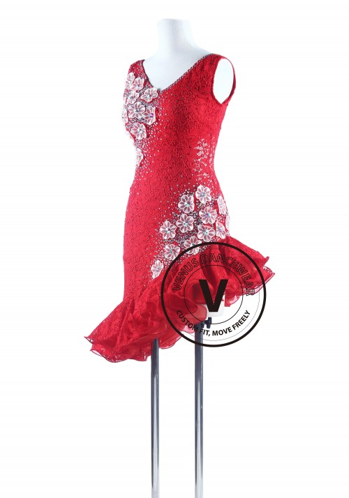 Red Lace Tango Salsa Latin Rhythm Competition Dress