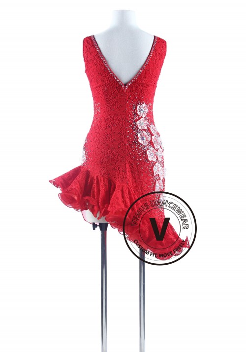 Red Lace Tango Salsa Latin Rhythm Competition Dress