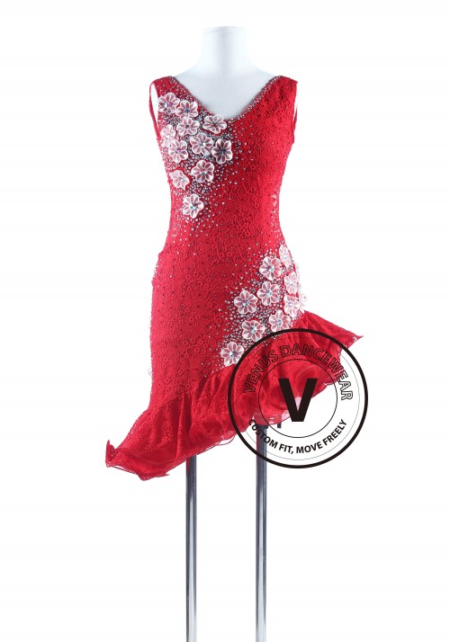 Red Lace Tango Salsa Latin Rhythm Competition Dress