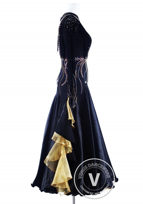 Black Golden Wave Luxury Foxtrot Waltz Quickstep Competition Dress